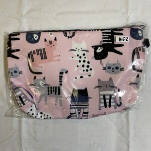The Pouch Cosmetic Bag Women Small Pink NWT Cat Print Zipper Travel Pouch 8x5
